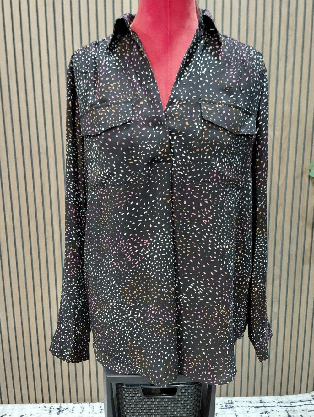 Premise Black Blouse with Pink, White & Tan Confetti Print